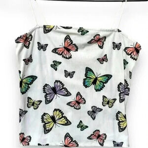 Faded Rose White Cord Spaghetti Strap Y2K MultiColor Butterfly print Crop Tank